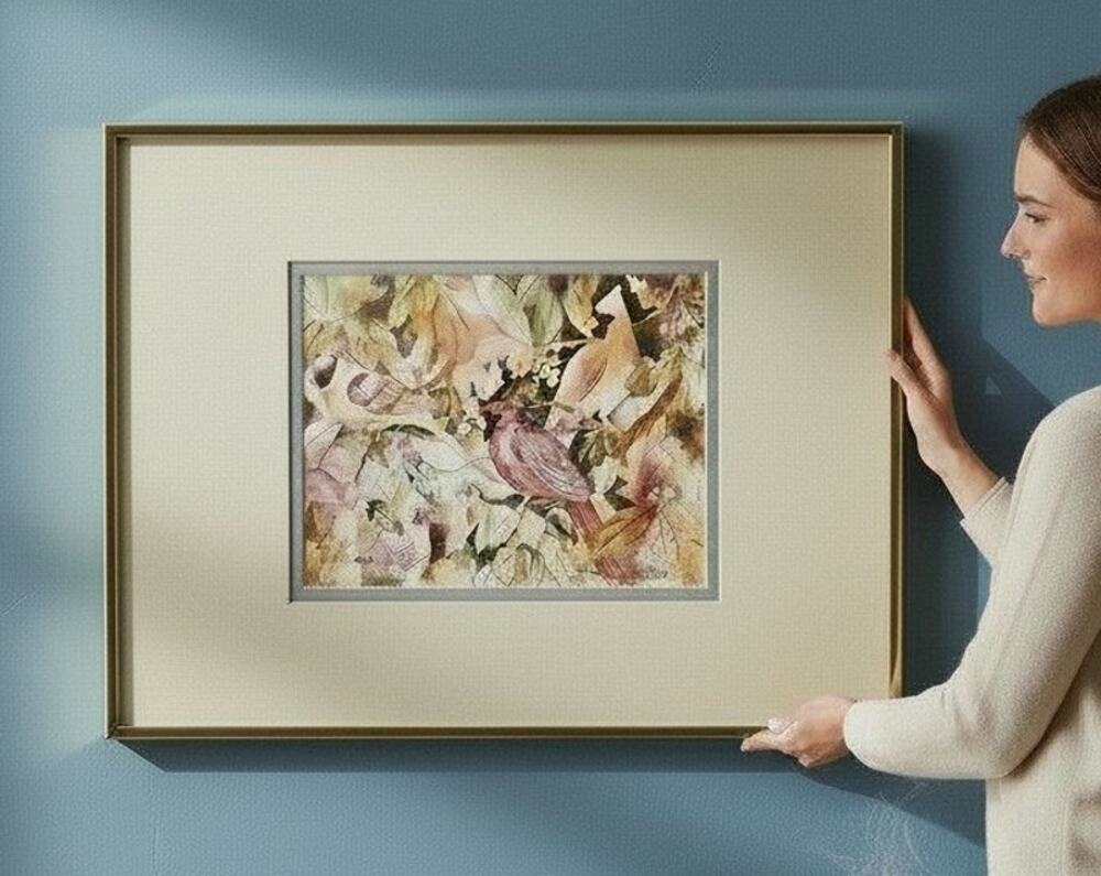 Barbara N Stoll Watercolor Print Cardinals Leaves signed Goldtone medtal frame
